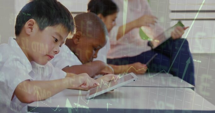 Tapping leftmost schoolboy leaning using tablet at long white table with graph overlay, copy space - Powered by Adobe