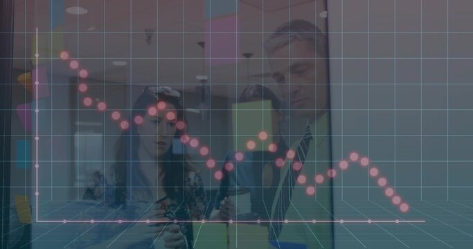 Examining phone, three in business attire holding coffee cups in office lobby with teal grid chart
