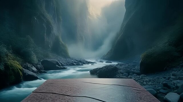 A serene background stand for advertising with mystical waterfall scenery for business