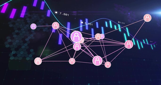 Displaying clustered network graph pulsing on dark dashboard, with pink nodes thin edges teal wave - Powered by Adobe