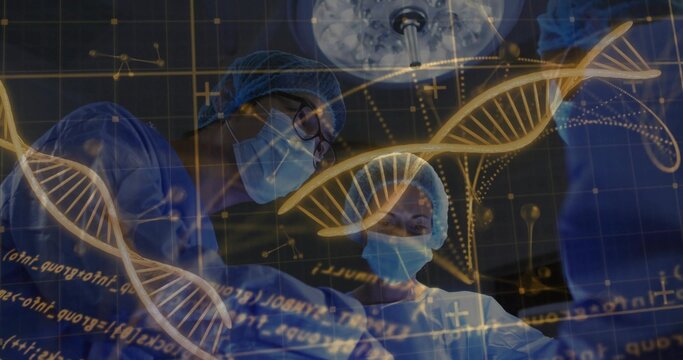 Performing surgery, surgical team in blue gowns and masks working under light with DNA overlays