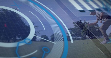 Bending golfer in polo adjusting putter near hole on green with HUD overlay, copy space