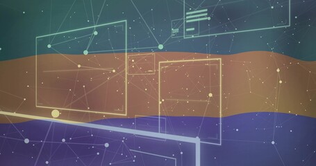 Showing frosted frames and node network over middle band in abstract UI with yellow-cyan outlines