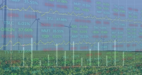 Combining row of white wind turbines standing across crop field, showing faint tickers and graphs