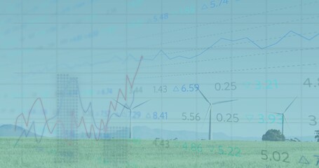 Displaying three wind turbines rotating at wind farm, with grassy field, hills and data overlays