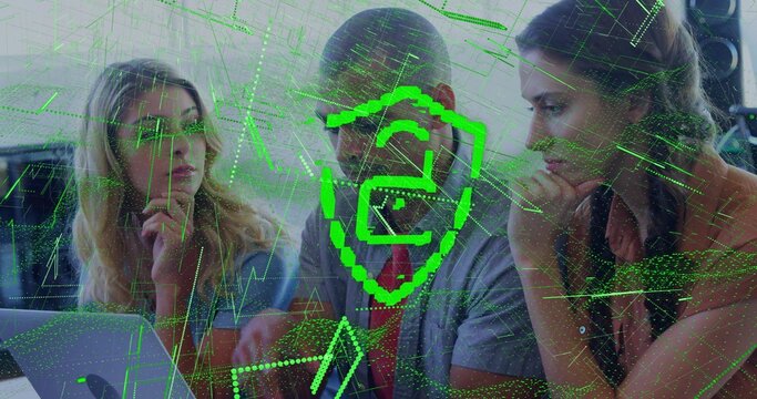 Leaning three team red tie man and blouses viewing laptop in office showing green shield overlay - Powered by Adobe