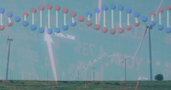 Displaying row of wind turbines spanning wind farm horizon, with molecular and market data overlays