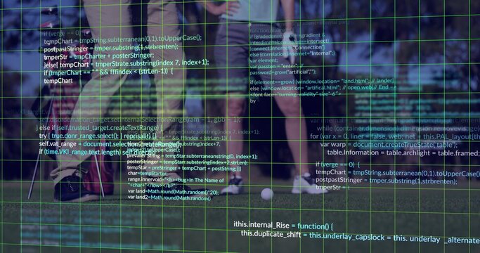 Standing players wearing cleats shifting weight on grass pitch, with white ball and code overlay