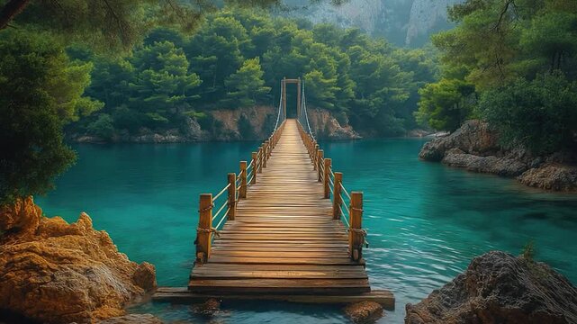 A wooden bridge crosses over calm water