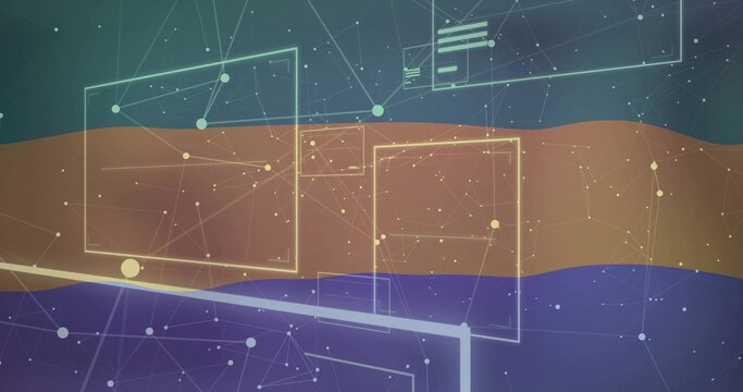 Showing frosted frames and node network over middle band in abstract UI with yellow-cyan outlines