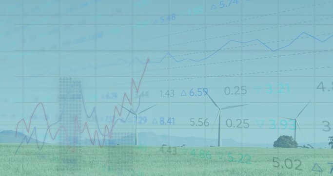 Displaying three wind turbines rotating at wind farm, with grassy field, hills and data overlays