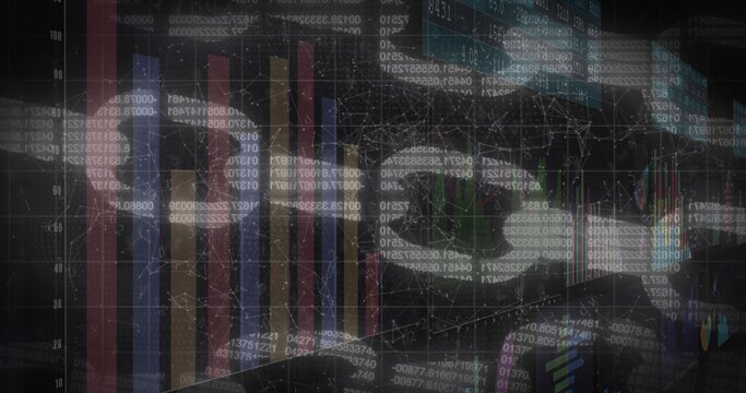 Displaying data display filling frame in dark dashboard, with vertical bars, candlesticks, grid