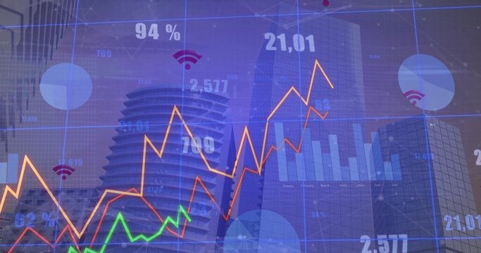 Projecting financial data over urban skyline, showing jagged lines, bar charts, numeric labels