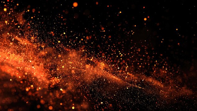 Golden glowing particles swirl against dark backdrop, abstract nebula effect
