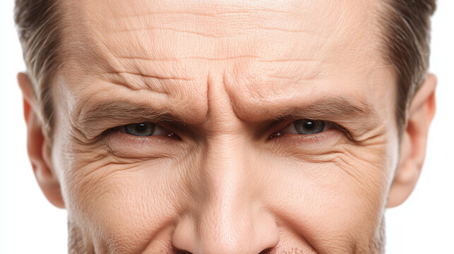 Close up portrait of middle aged man with wrinkles around eyes, furrowed brow, and expressive facial lines, showing serious and thoughtful emotion on white background