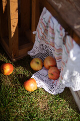 Rustic Apples on Traditional Cloth in Outdoor Countryside Setting