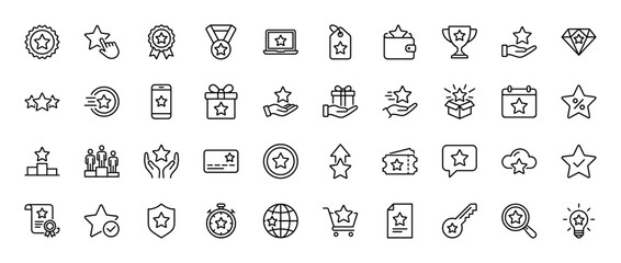 Rating, rewards, and loyalty line icon set. Vector pictograms of star, medal, gift, trophy, smartphone, wallet, certificate, and shopping cart, thin linear illustration.