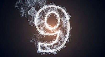 Glowing number 9 formed from swirling smoke Keywords: number 9, nine, smoke, swirling, glowing