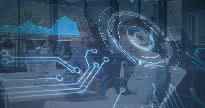 Examining holographic overlays team in suits collaborating at modern conference room, with laptops