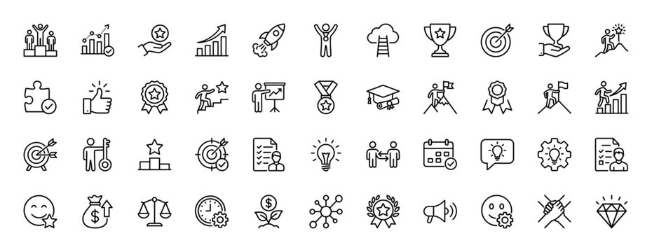Business success line icon set. Vector pictograms of ladder, rocket, charts, target, trophies, medals, key, lightbulb, money bag, and handshake, thin linear illustration.