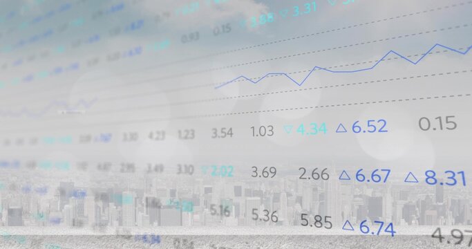 Displaying decimal figures and teal delta triangles overlaying city skyline with blue line chart