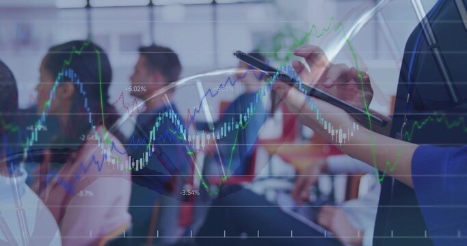 Holding tablet and stylus, woman in blue sleeves analyzing financial charts at seminar, copy space - Powered by Adobe