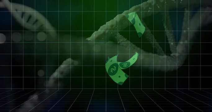 Floating stylized green banknotes drifting above tiled grid floor in digital studio, coiled form - Powered by Adobe