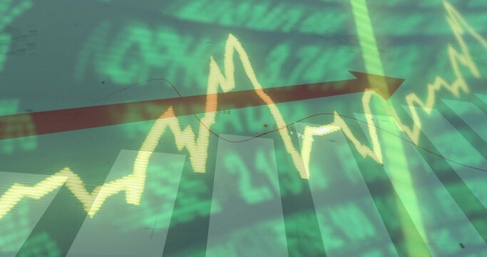 Glowing jagged yellow line chart rising across digital screen, with red arrow and green ticker