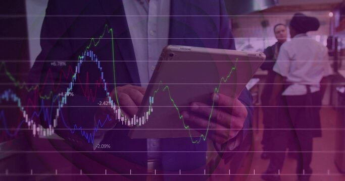 Holding tablet, businessman in suit jacket, dress shirt tapping screen at cafe bar, overlaid charts - Powered by Adobe