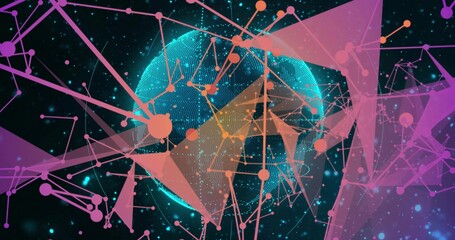 Glowing dotted sphere forming data globe in virtual space, showing network nodes and lines