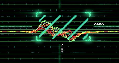 Displaying colorful oscillating waveform on neon grid HUD, showing cyan bars and numeric readouts