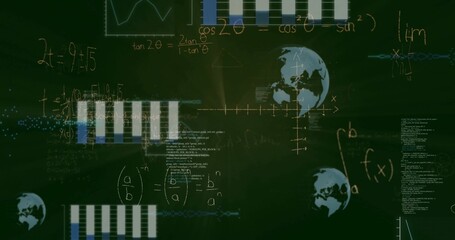 Displaying chalkboard showing written math, integrals f(x), bars, globe icons in classroom