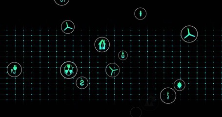 Glowing teal circular icons and dotted grid floating across black dashboard, showing energy symbols