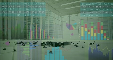 Displaying scattered dark rubble centered on polished lobby floor, showing colorful chart overlays