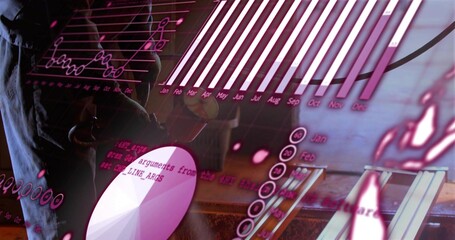 Standing male in dark blazer studying charts at office, with tablet, pie chart, code, copy space © vectorfusionart