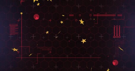 Animating centered cluster of yellow stars and red axis lines on dark hex grid, sparking data