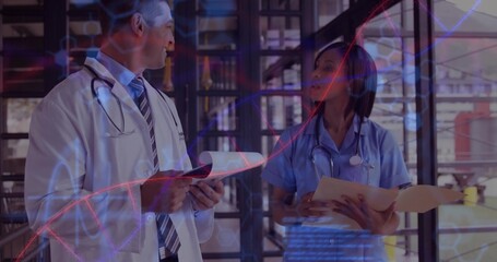 Reviewing documents doctor in coat and nurse in scrubs at clinic corridor, stethoscopes DNA overlay