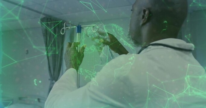 Adjusting doctor in lab coat stethoscope handling IV drip in ward, marker3, AR overlay, copy space