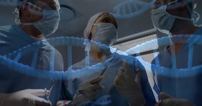 Operating surgical team performing procedure in OR, in blue gowns holding forceps under DNA overlay - Powered by Adobe
