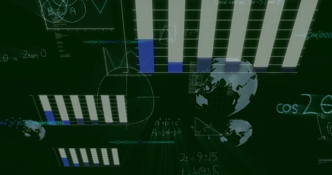 Displaying large vertical bar chart occupying center on green dashboard, showing globes, equations