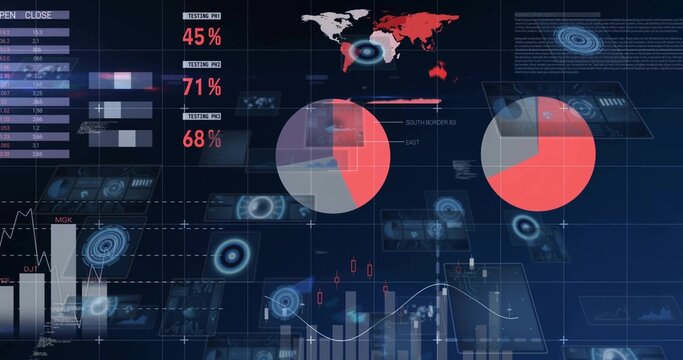 Displaying central data cluster on dark dashboard, with two red gray pie charts and map - Powered by Adobe