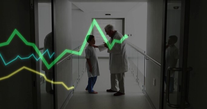 Leaning doctor checking child in clinic corridor wearing white coat, metal handrails and data lines