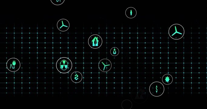 Glowing teal circular icons and dotted grid floating across black dashboard, showing energy symbols
