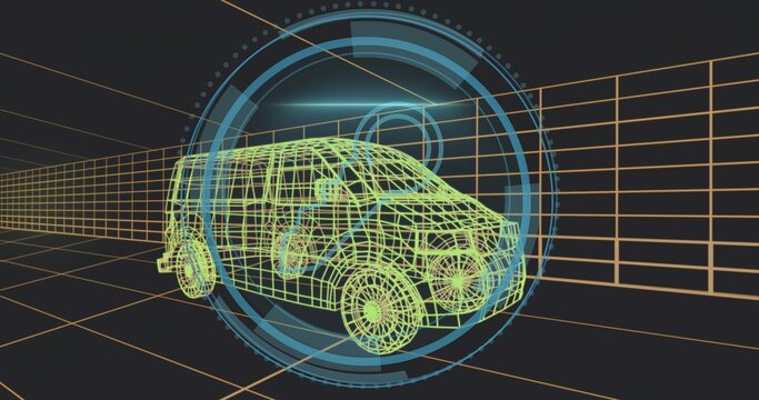 Rendering neon green wireframe van model rotating in virtual 3D space with orange grid, HUD rings