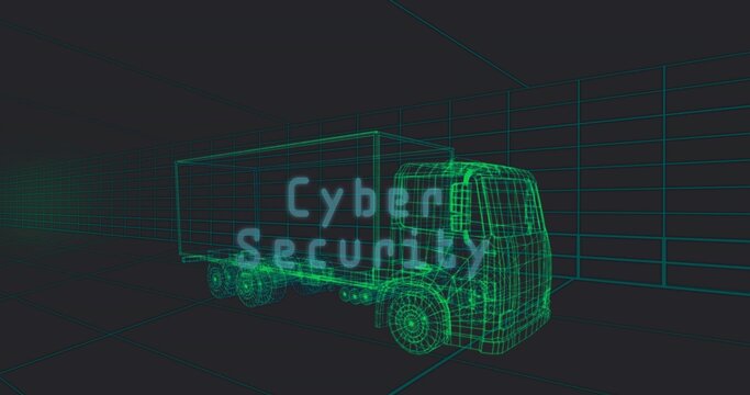 Rendering neon-green wireframe box truck on right in 3D corridor, neon grid and Cyber Security text - Powered by Adobe