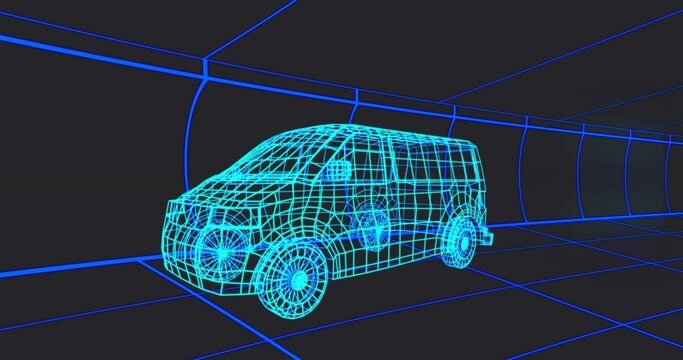 Glowing wireframe van rotating in dark tunnel corridor, showing wheels, windows, mirrors, grid