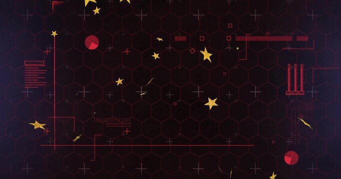 Animating centered cluster of yellow stars and red axis lines on dark hex grid, sparking data