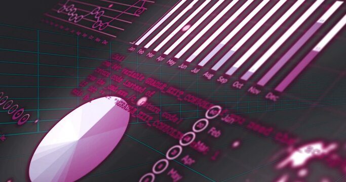 Displaying faceted pie chart occupying left foreground highlighting magenta bar chart, teal grid