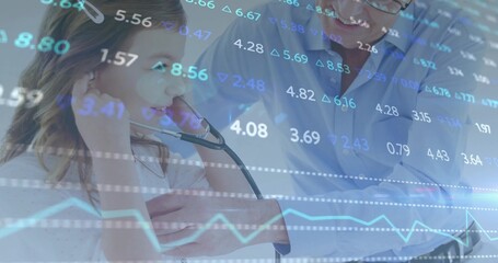 Listening child holding stethoscope at clinic, doctor guiding it wearing light-blue shirt, glasses