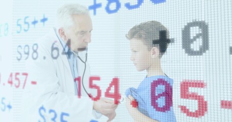 Listening doctor in lab coat using stethoscope on kid lifting blue tee in clinic, digits overlaid